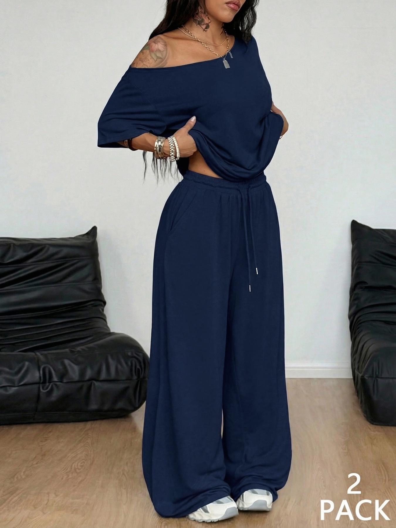 2pcs/Set Women's Minimalist Basic Casual Daily Wear Everyday Going Out Sport Comfortable Baggy Off Shoulder T-Shirt And Wide Leg Pants Two Pieces Outfits