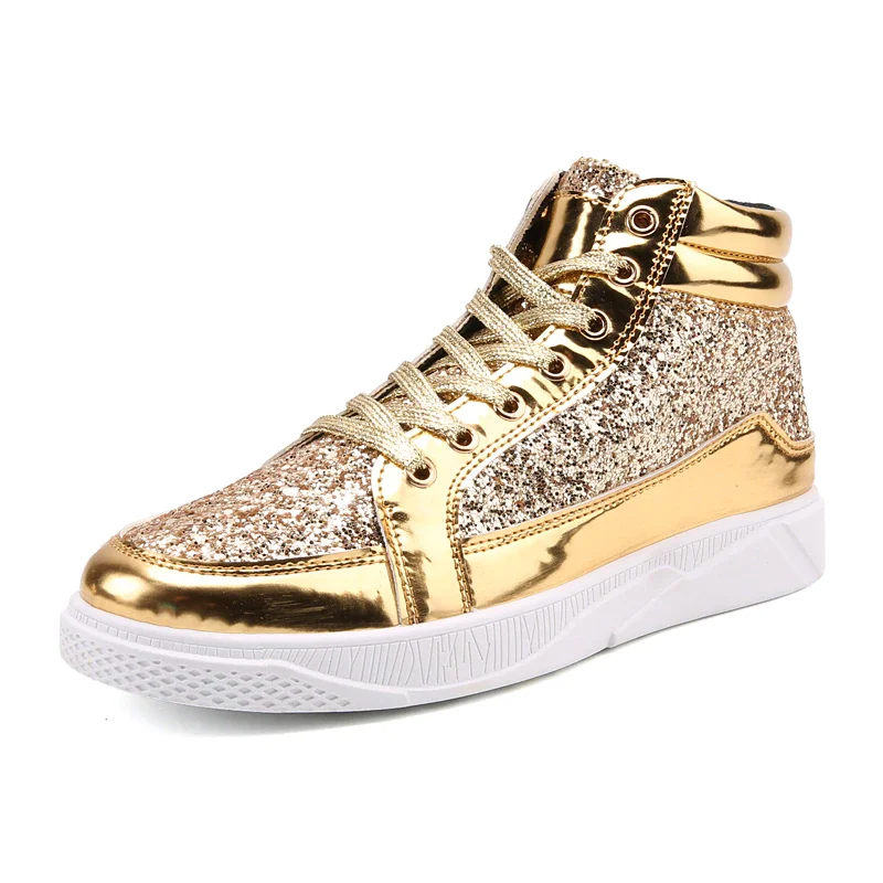 Qengg Luxury Men Casual Shoes Gold Glitter High Top Men Sneakers Flat High Quality Hip-hop Streetwear Designer Men Footwear