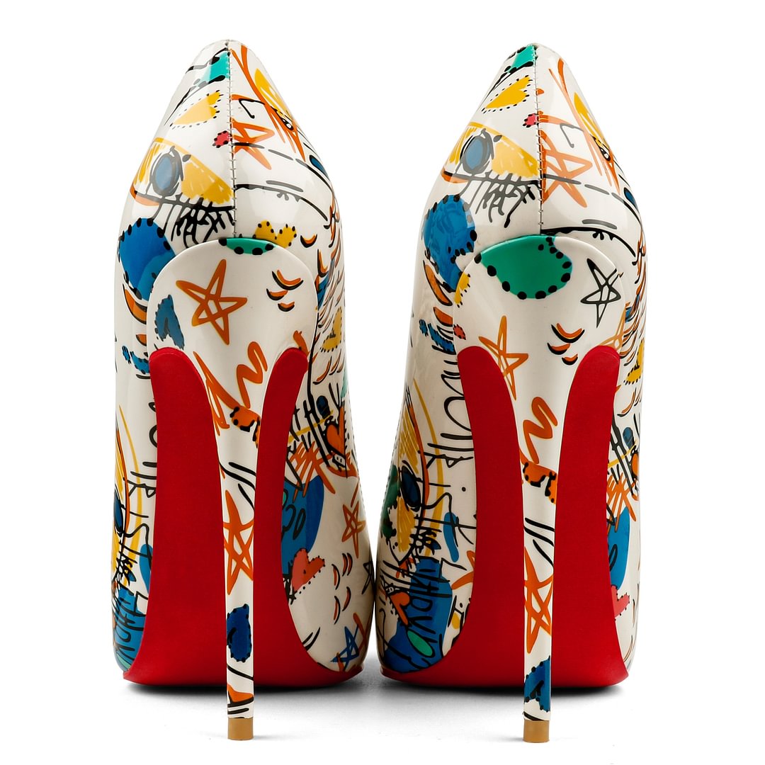 100mm/120mm Women Printed Patchwork Pointed Toe Metal Chains Stiletto Red  Bottom Boots