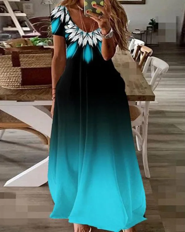 Casual Vintage Gradient Short Sleeve Long Dress
