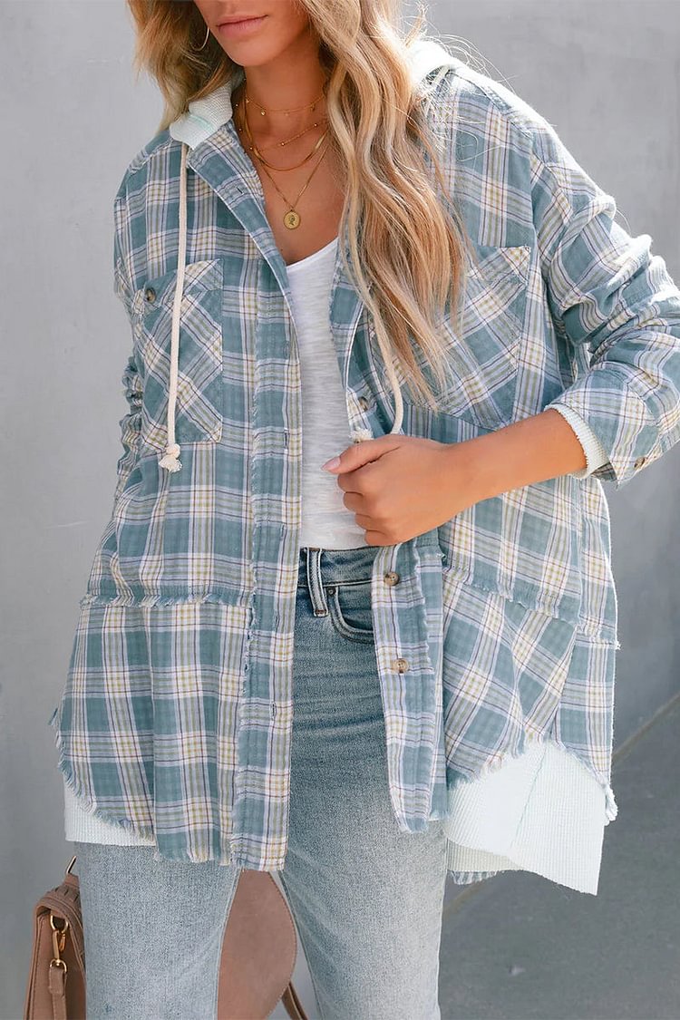 Casual Plaid Striped Patchwork Hooded Collar Blouses - Life is Beautiful for You - SheChoic