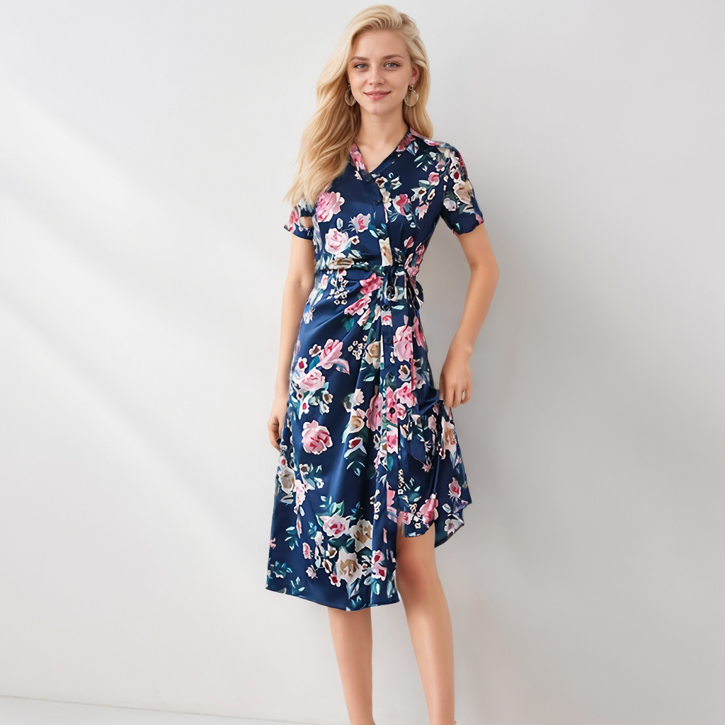 Blue Silk Wrap Dress Slit For Work REAL SILK LIFE