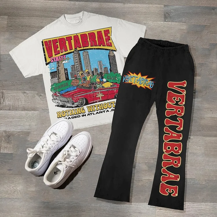 Vintage Car Vertabrae Graphic Hip Hop Short Sleeve Tee & Flared Trousers Two Piece Set