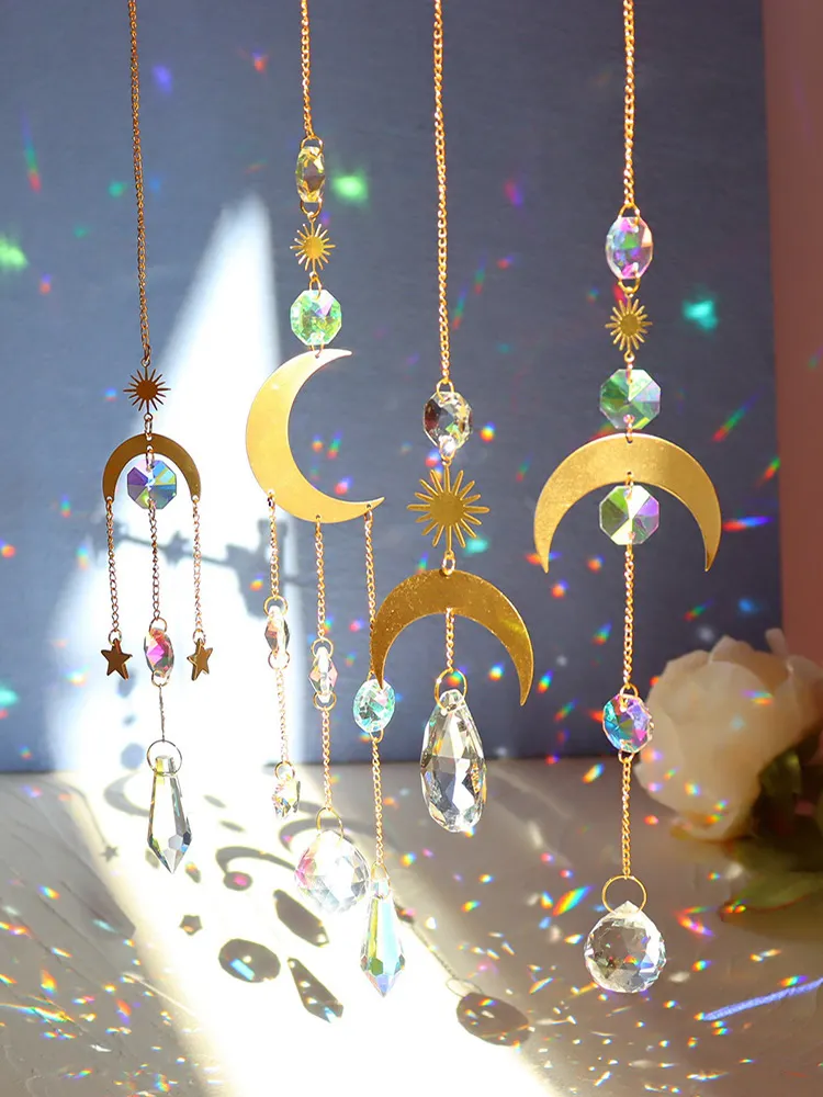 1/4pcs Hanging Crystal Light Catcher Metal Moon Sun Garden Wall Wind Chime