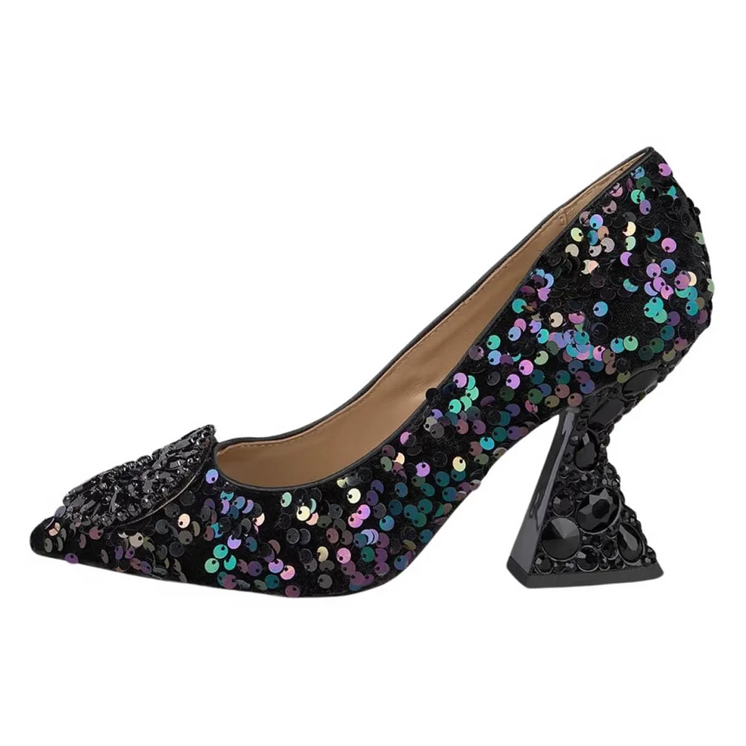 Black Rainbow Sparkling Sequined Pointed Toe Rhinestone Pumps