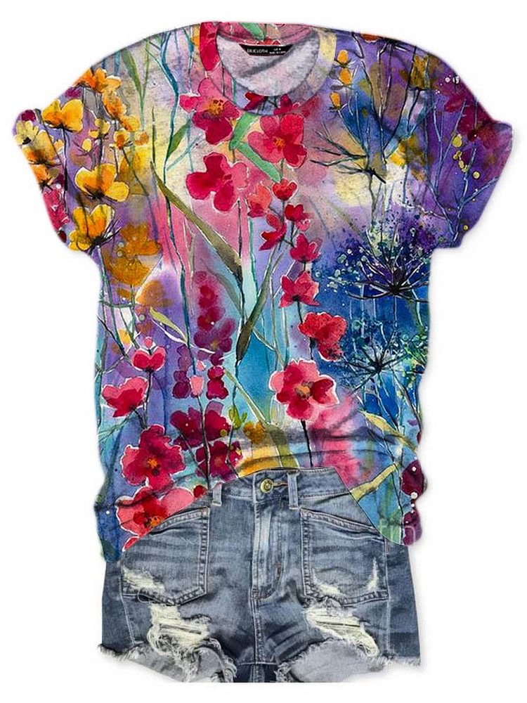 Bestdealfriday Colorful Flower Graphic Round Neck Short Sleeve Loose Tee 11814883