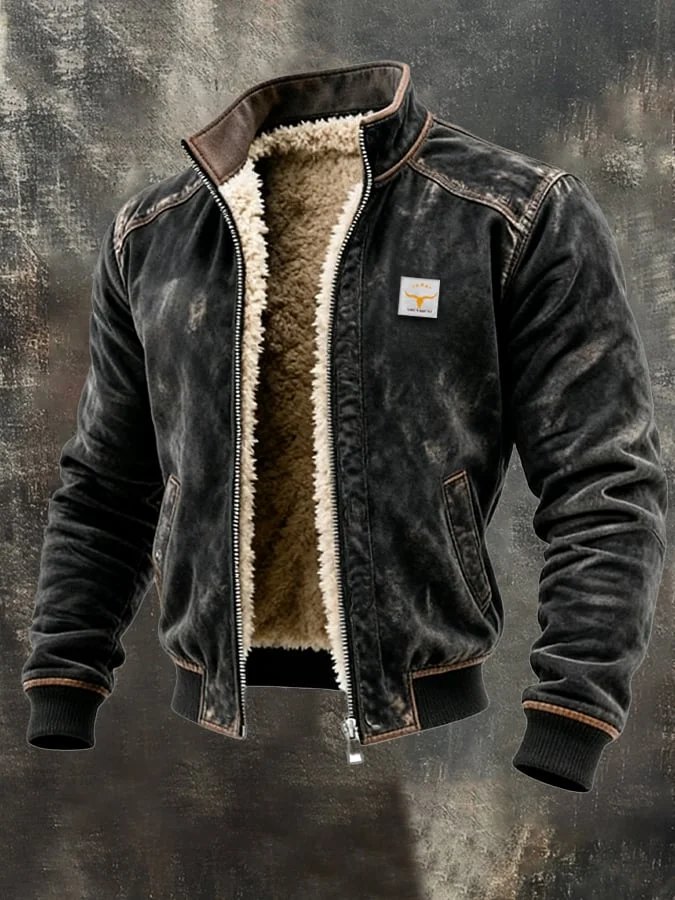 Herren-Outdoorjacke aus Vintage-Wildleder mit Ziern&auml;hten, warm und mit vielen Taschen 