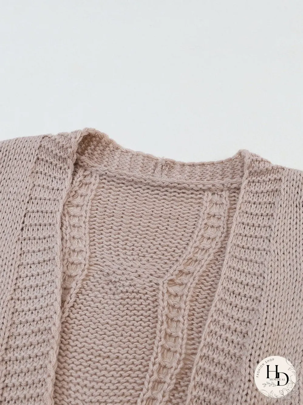 Apricot Eyelet Cable Knit Cardigan with Ribbed Trim