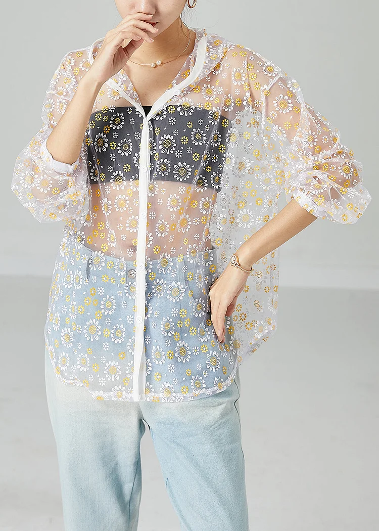 White Hollow Out Tulle UPF 50+ Coat Jacket Hooded Print Summer