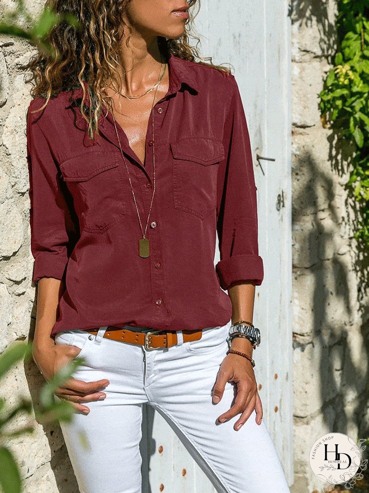 Solid Color Button-Up Shirt, Versatile Style