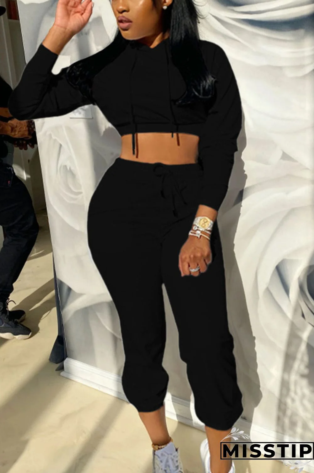 Black Sportswear Solid Patchwork Hooded Collar Long Sleeve Regular Sleeve Short Two Pieces