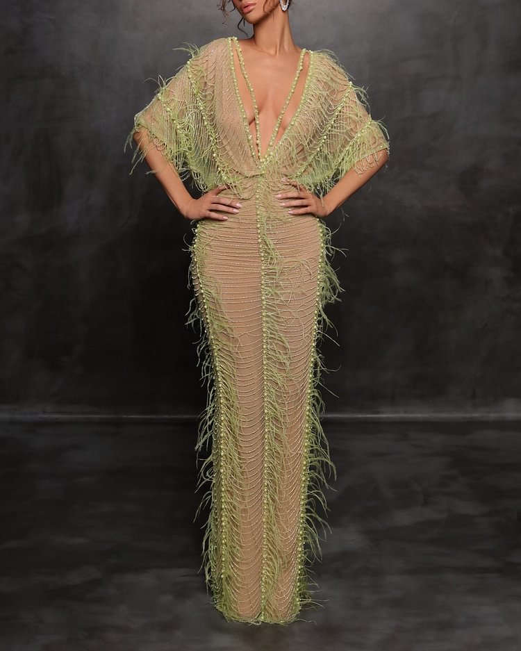 Elegant Green Feather Tassel Slit Dress