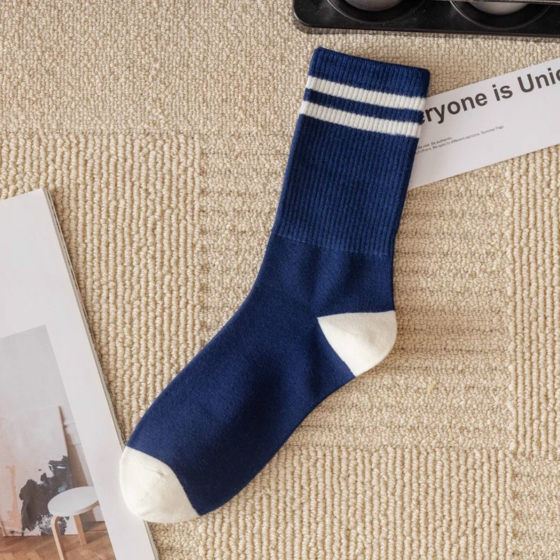 Men's Blue Striped Lettering Cotton Mid-Calf Socks