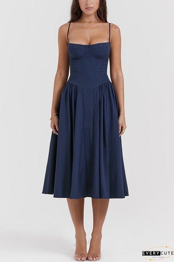 Solid Color Vintage Slim Fit Suspender Pocket Midi Dress