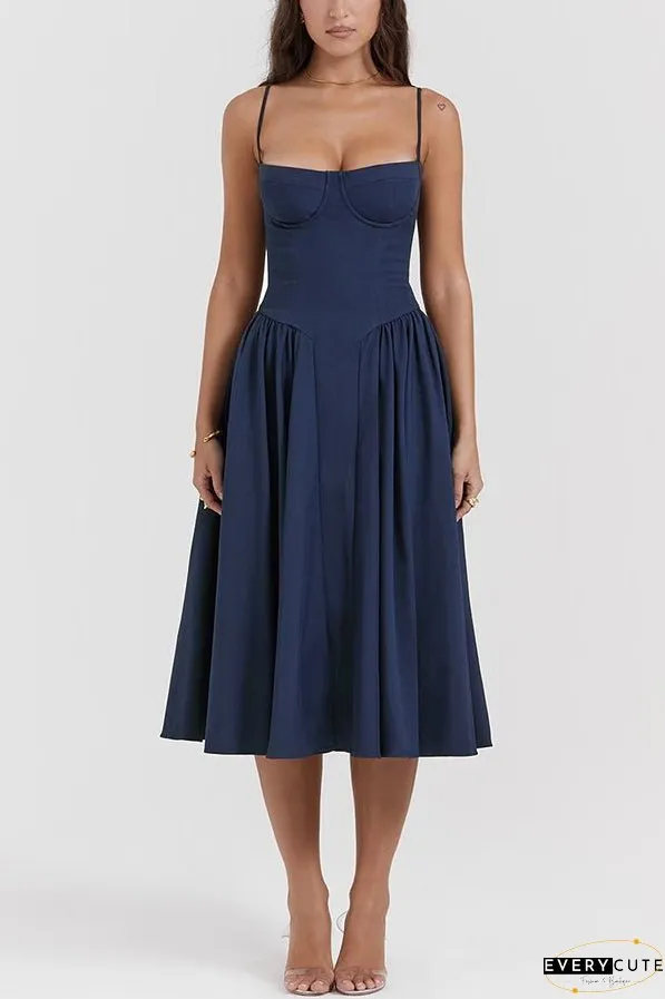 Solid Color Vintage Slim Fit Suspender Pocket Midi Dress