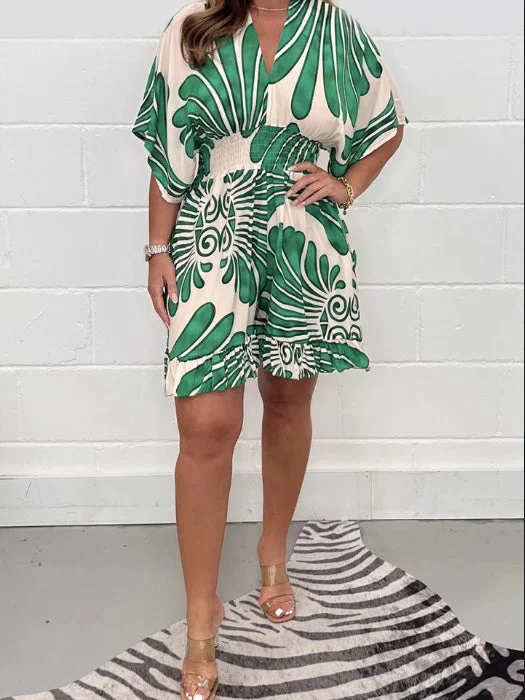 Women Short Sleeve V-neck Printed Graphic Jumpsuit