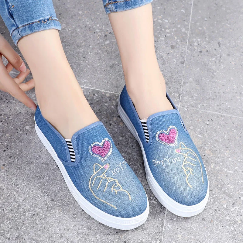 Qengg Women's Spring summer shoes comfortable denim canvas shoes with printings lady soft lazy loafers chaussures de dame