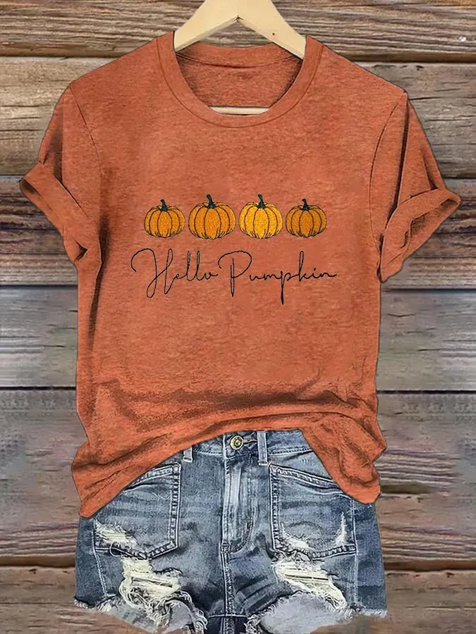 Women's Autumn Pumpkin Print Casual T-Shirt 
