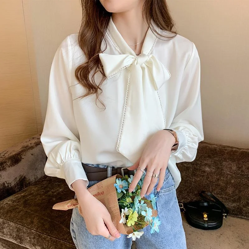 Satin-like chiffon bow loose long-sleeved shirt