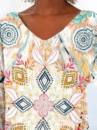 Women Asymmetrical 3/4 Sleeve V-neck Printed Gradient Top Dress