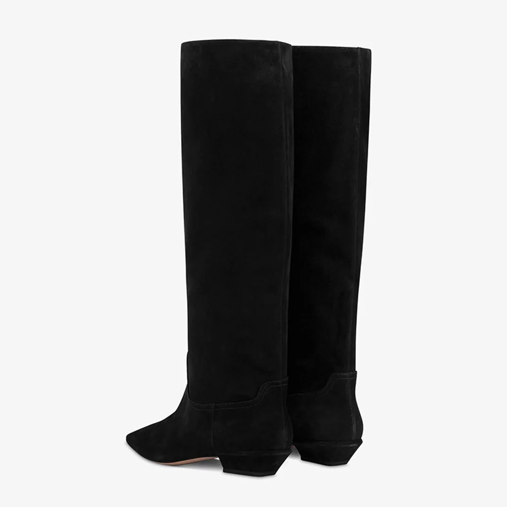 Vegan Suede Pointed Toe Flat Black Knee-High Boots for Women