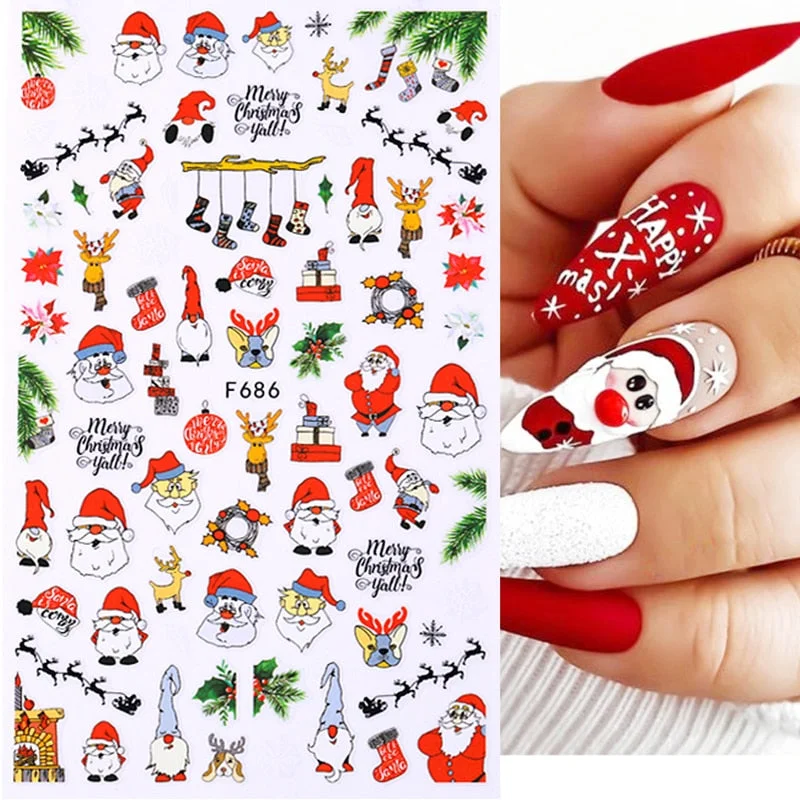 Winter Xmas Nail Art Designs 3D Cute Sticker Cartoon Christmas Slider New Year Holiday Polish Decal Manicures Decorations F686