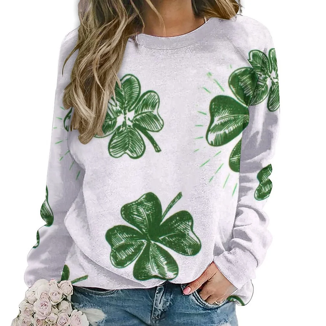 Printed Long Sleeve Casual Sweatshirt for  Women and Men Unisex Pattern St. Patrick's Day, Green, Clover, Lucky