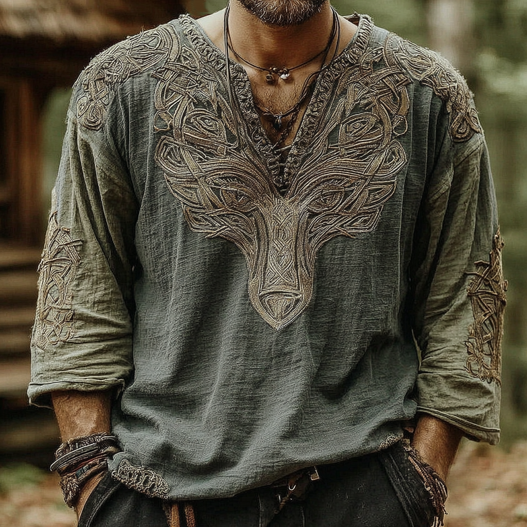 Men's Vintage Viking Celtic Wolf Pattern V-neck Shirt