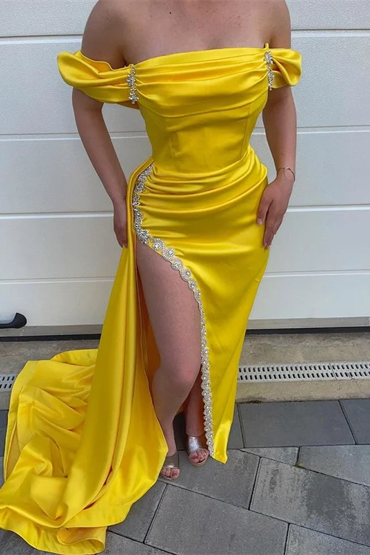 Luluslly Off-the-Shoulder Yellow Prom Dress Mermaid Slit WIth Beads