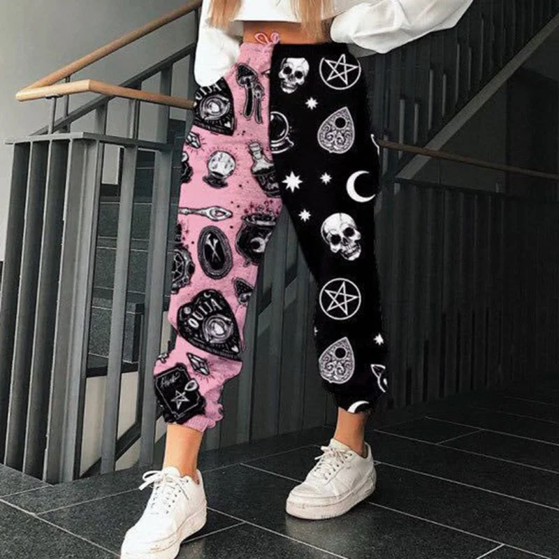 Women Casual Skull Print Patchwork Pants Spring Autumn Elastic Waist Pocket Loose Pencil Pants Female Streetwear Warm Sweatpants