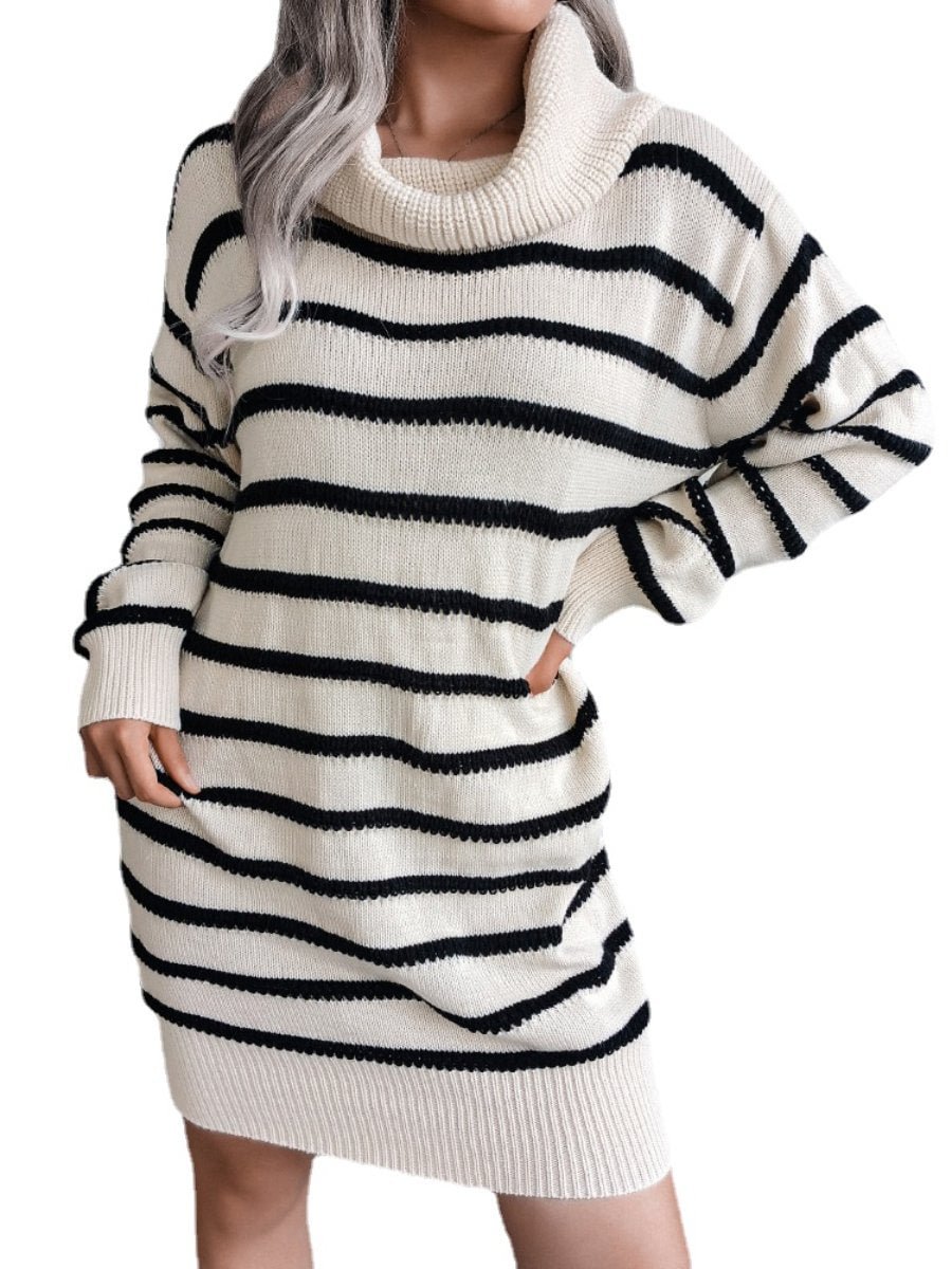 Women's Sweater Dress Casual High Neck Striped Knitted Sweater Dresses