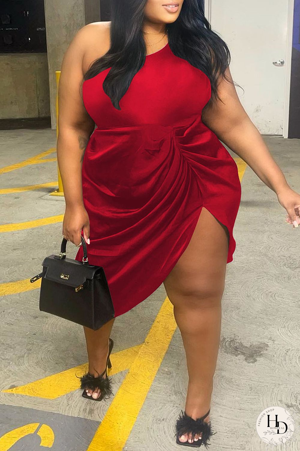 Black Sexy Solid Patchwork Fold Asymmetrical Oblique Collar Irregular Dress Plus Size Dresses