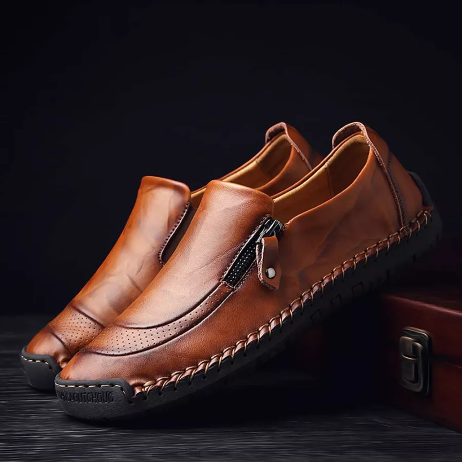 Men's Handmade Side Zipper Casual Comfy Leather Slip-On Loafers