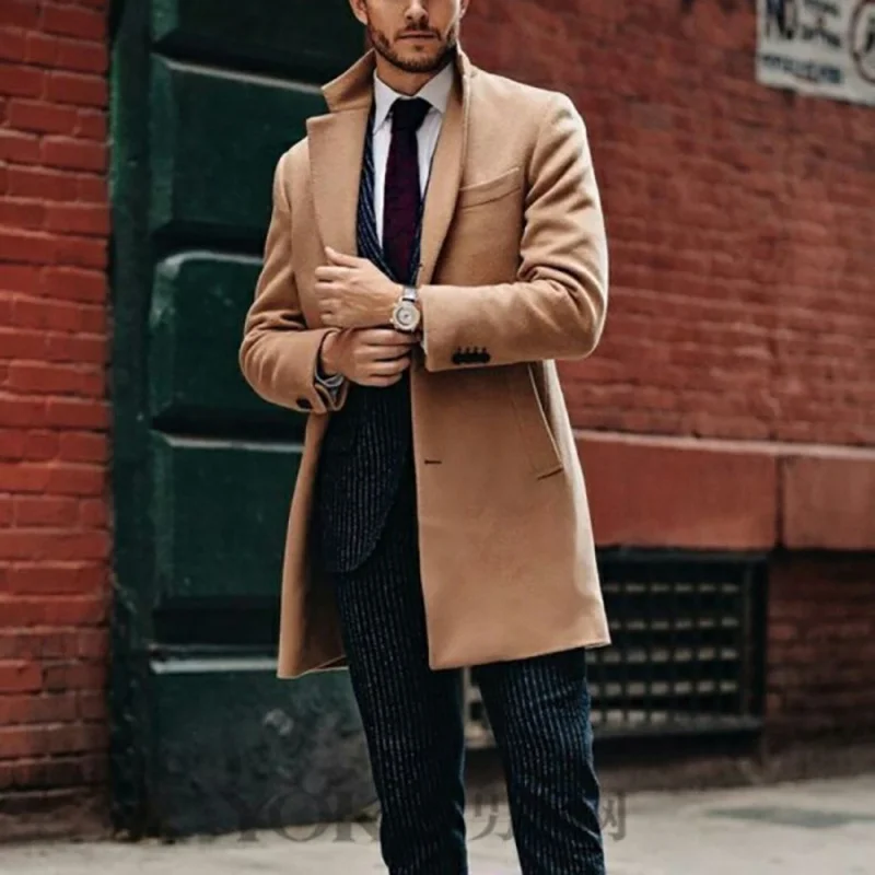 Men's mid-length long-sleeved woolen coat