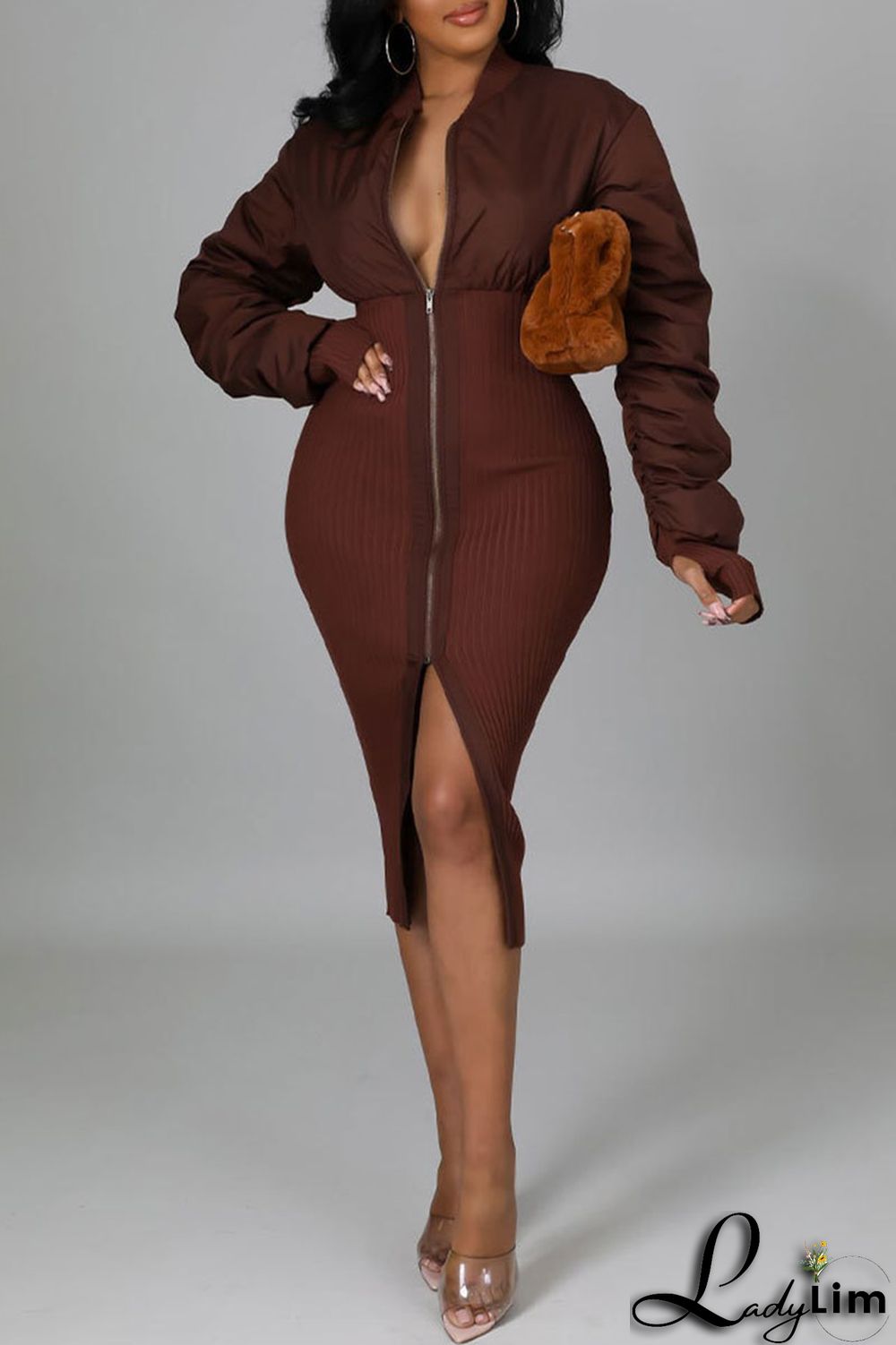 Green Casual Street Solid Split Joint Fold Zipper Collar Dresses