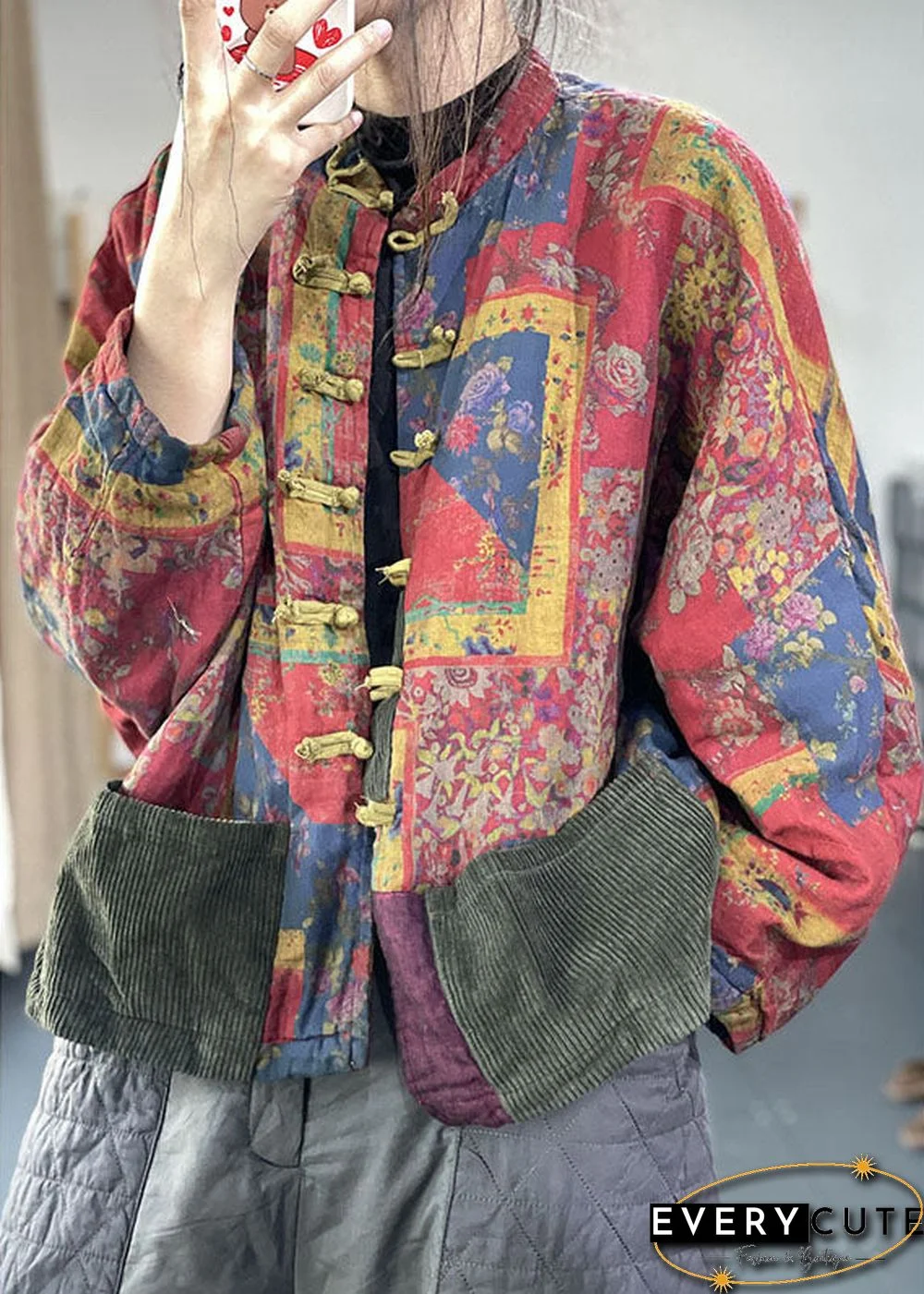 Vintage Red Pockets Button Print Fall Long sleeve Coat