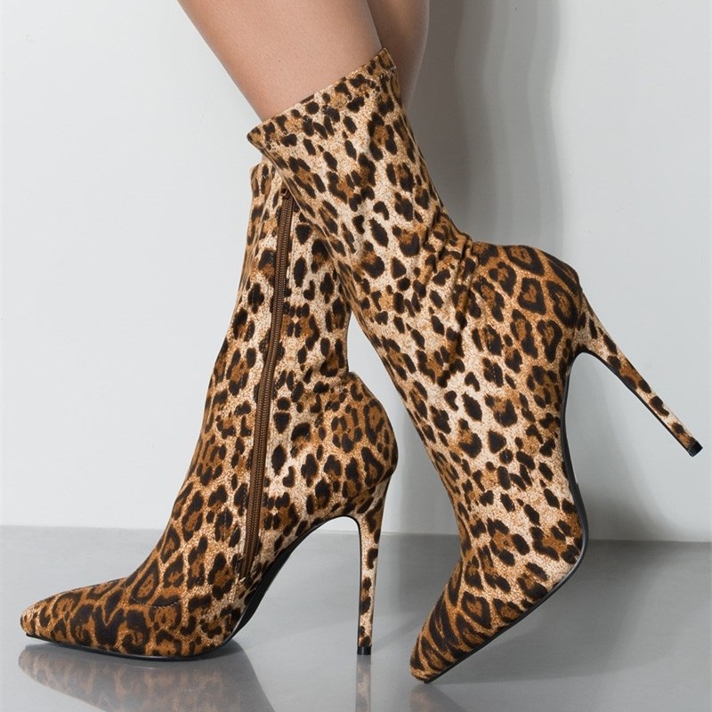 Brown Leopard Print Sock Booties Pointed Toe Stiletto Ankle Boots