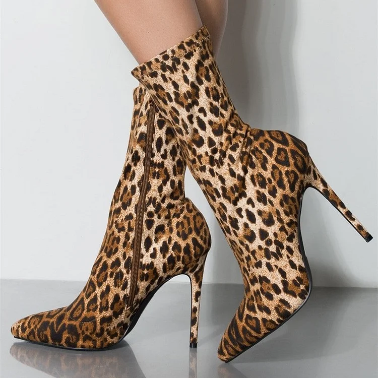 Brown Leopard Print Sock Boots Pointed Toe Stiletto Heel Booties |FSJ Shoes