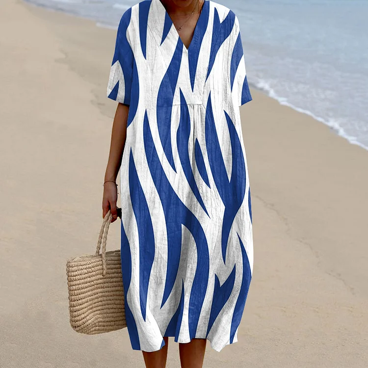 Women'S Water Stripes Printed V Neck Casual Midi Dress