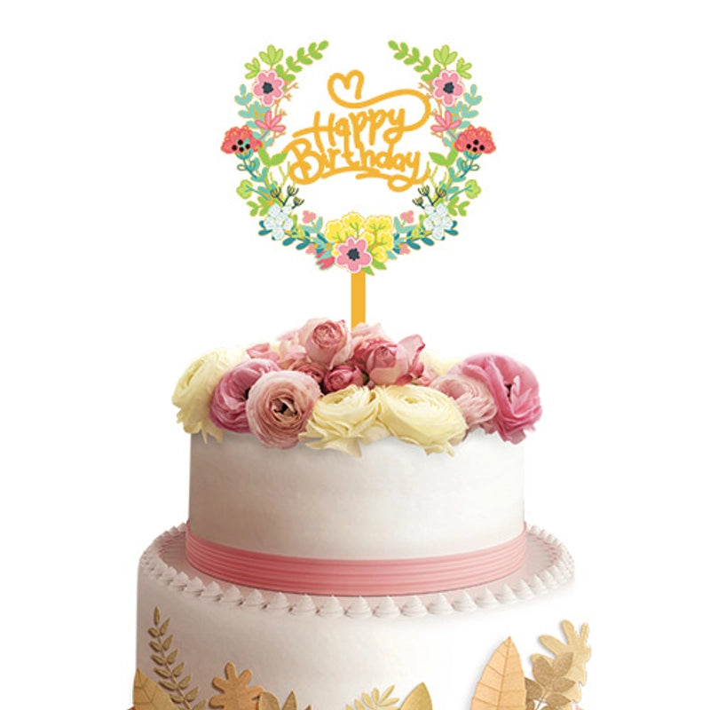 Acrylic Cake Topper Ins Style Floral Uv Color Printing Happy Birthday Dessert Decoration Plugin