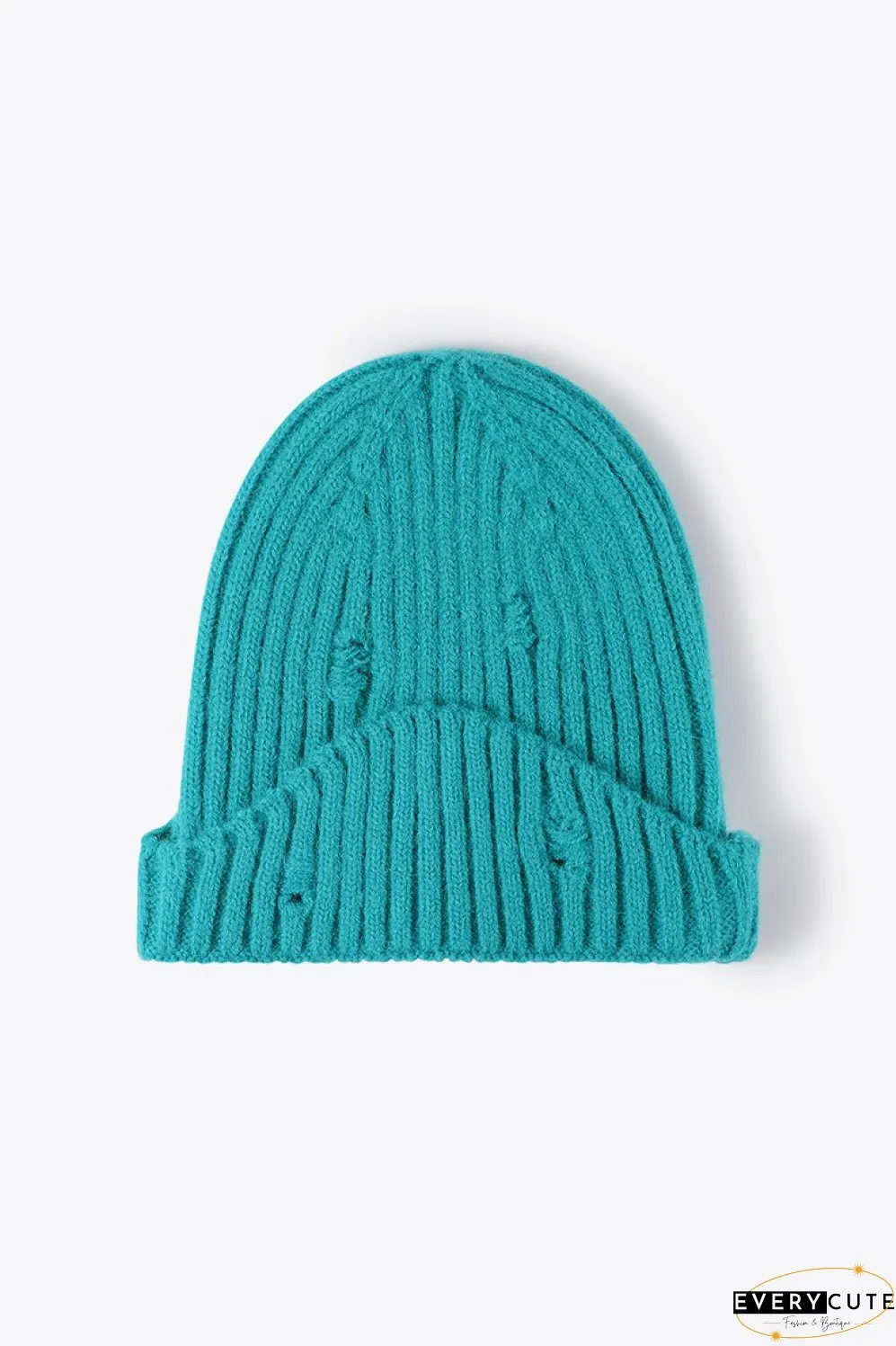 Distressed Rib-Knit Beanie