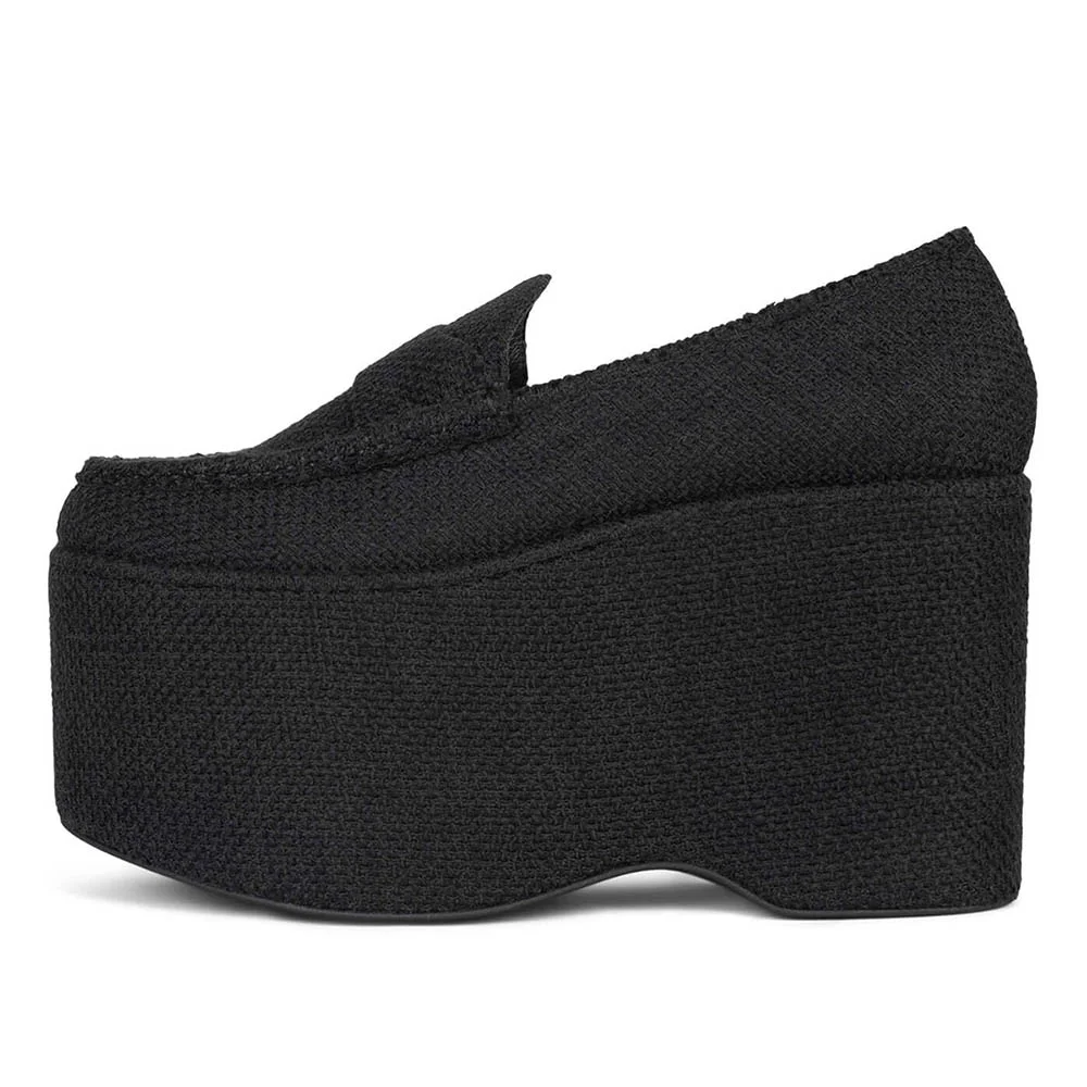 Black Round Toe Slip-On Wedge Heel Simple Platform Loafers Women