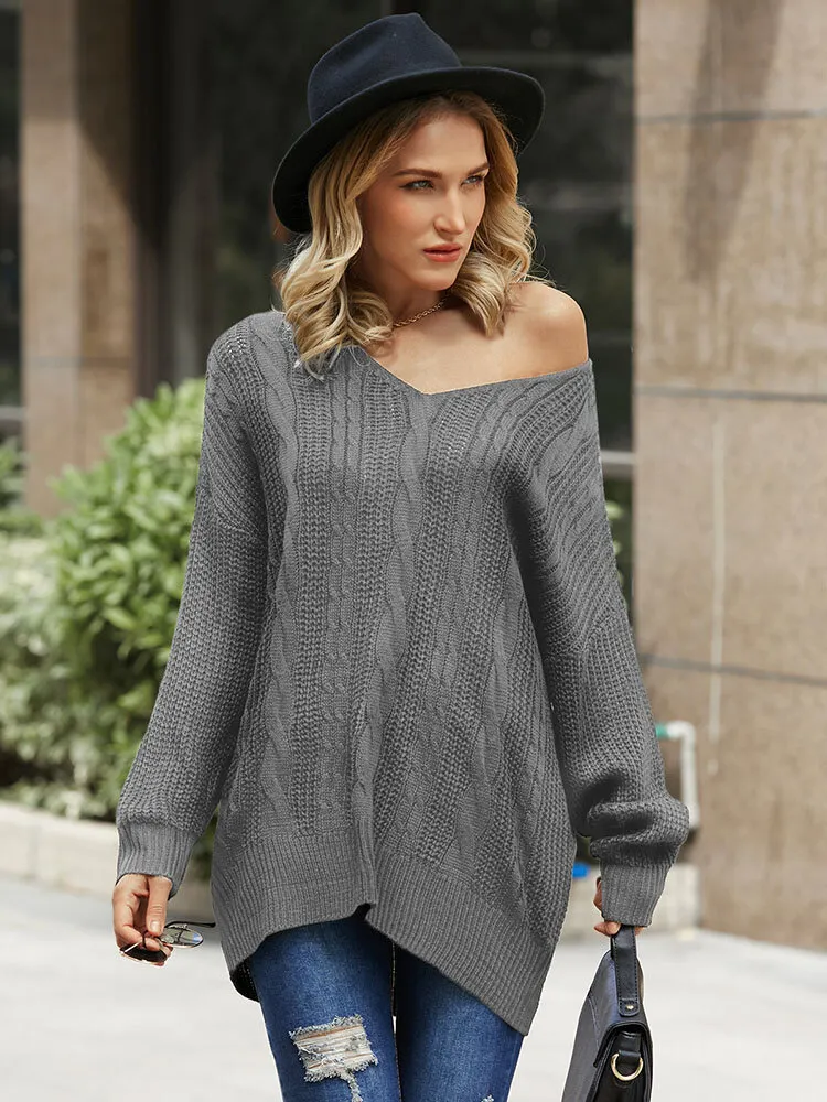 Solid Drop Shoulder Loose Long Sleeve V-neck Sweater