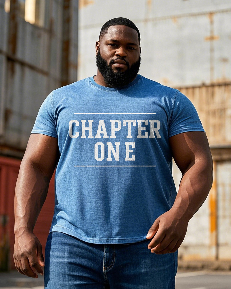 Big Men's Street Fashion Washed Denim Simple CHAPTER ONE Letter Printed Short Sleeve T-Shirt