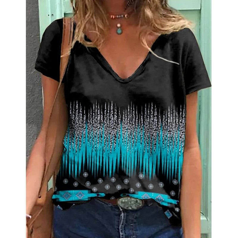 Abstract Print V Neck Short Sleeve Women's 2023 Summer Casual T-shirt Loose Harajuku Oversize Streewear Fashion Daily Basic Top
