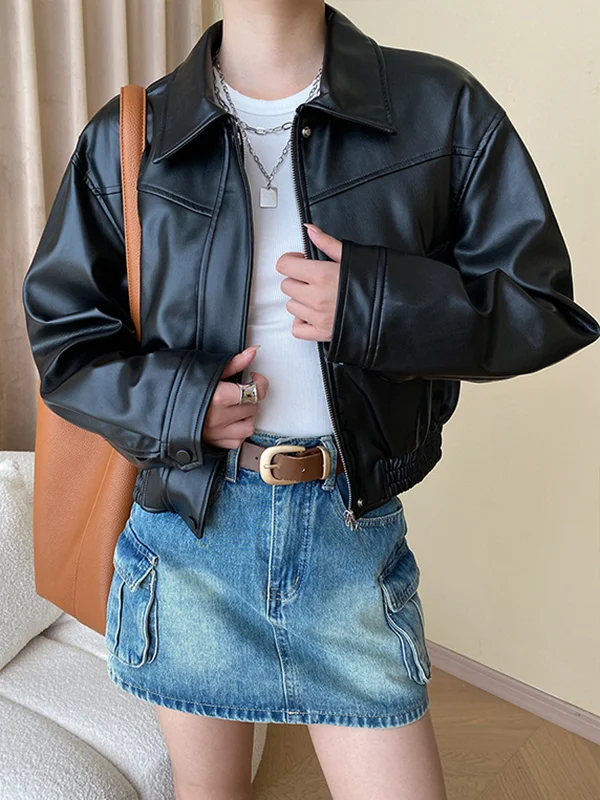 Solid Color Split-Joint Zipper Long Sleeves Loose Lapel Jackets&Coats