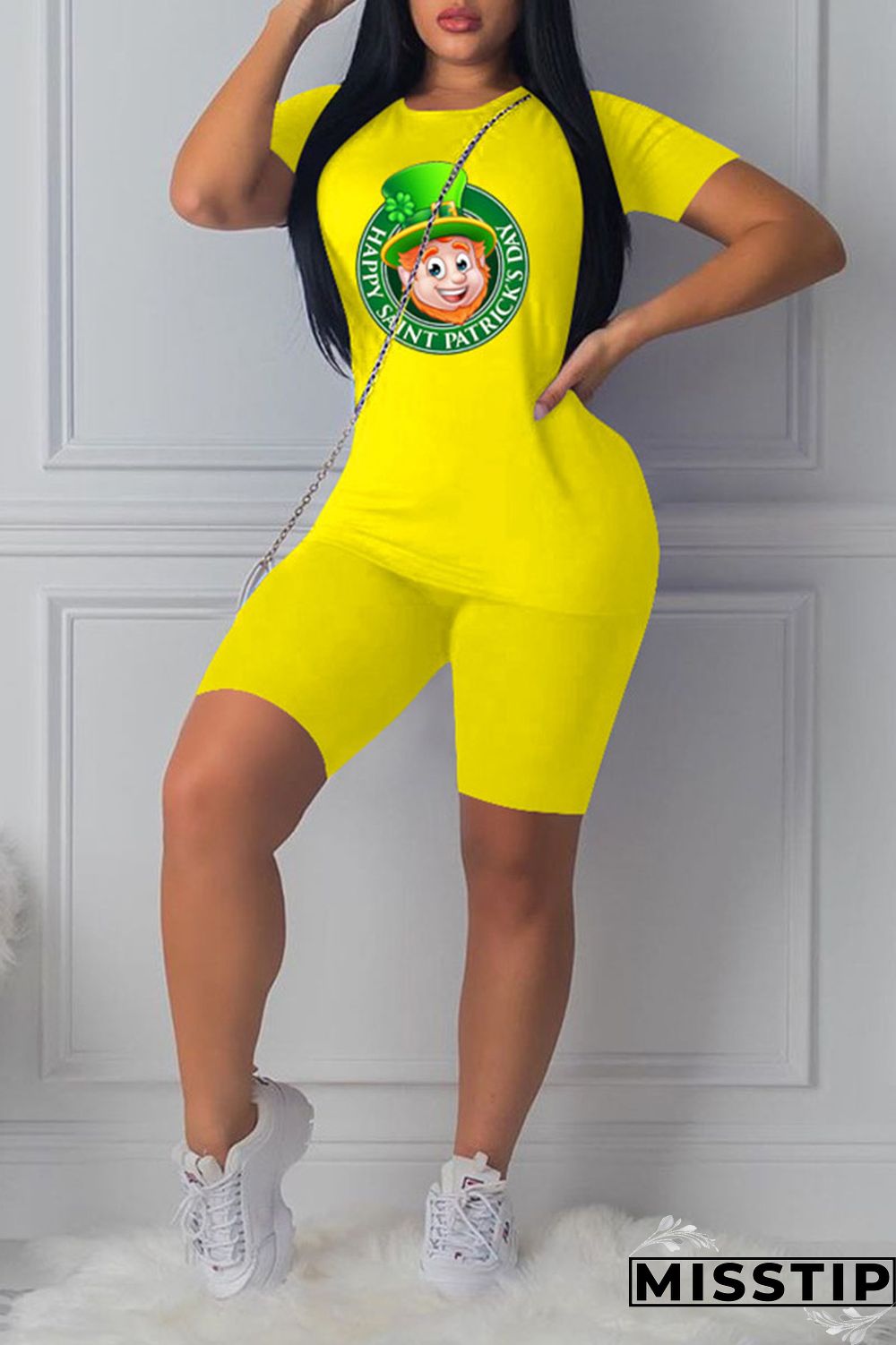 Black Casual Print Patchwork O Neck Short Sleeve Two Pieces