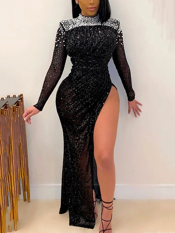 Sexy Beaded Decorate Long Sleeve Empire Split-Side Casual Maxi Dress