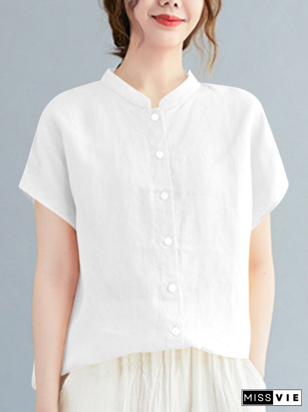 Cotton Solid Button Stand Collar Short Sleeve Casual Blouse