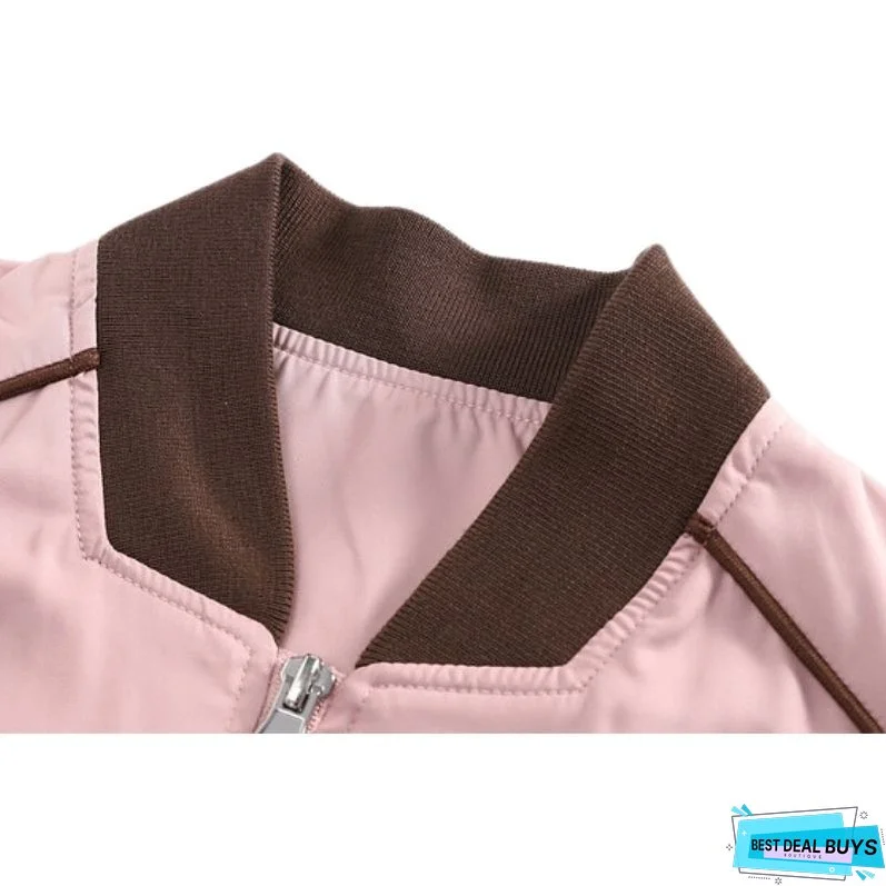 Retro Pink Color-Block Short Baseball Jacket
